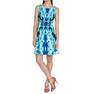 Karen Millen Blue & Green Abstract Floral Fit & Flare Dress ~ Sz 8 US / 14 UK